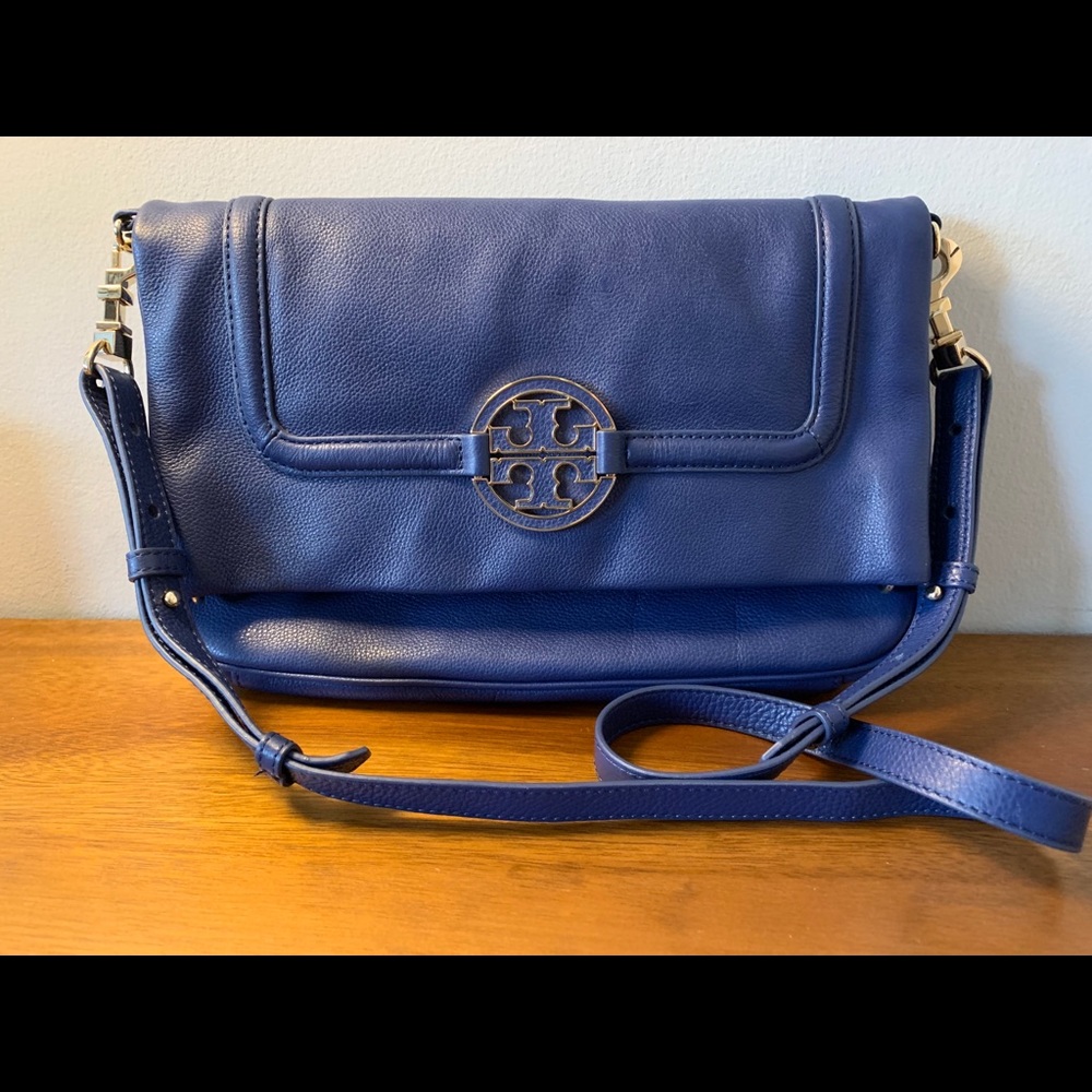 Tory Burch “Amanda” Fold-Over Cross Body Bag Blue